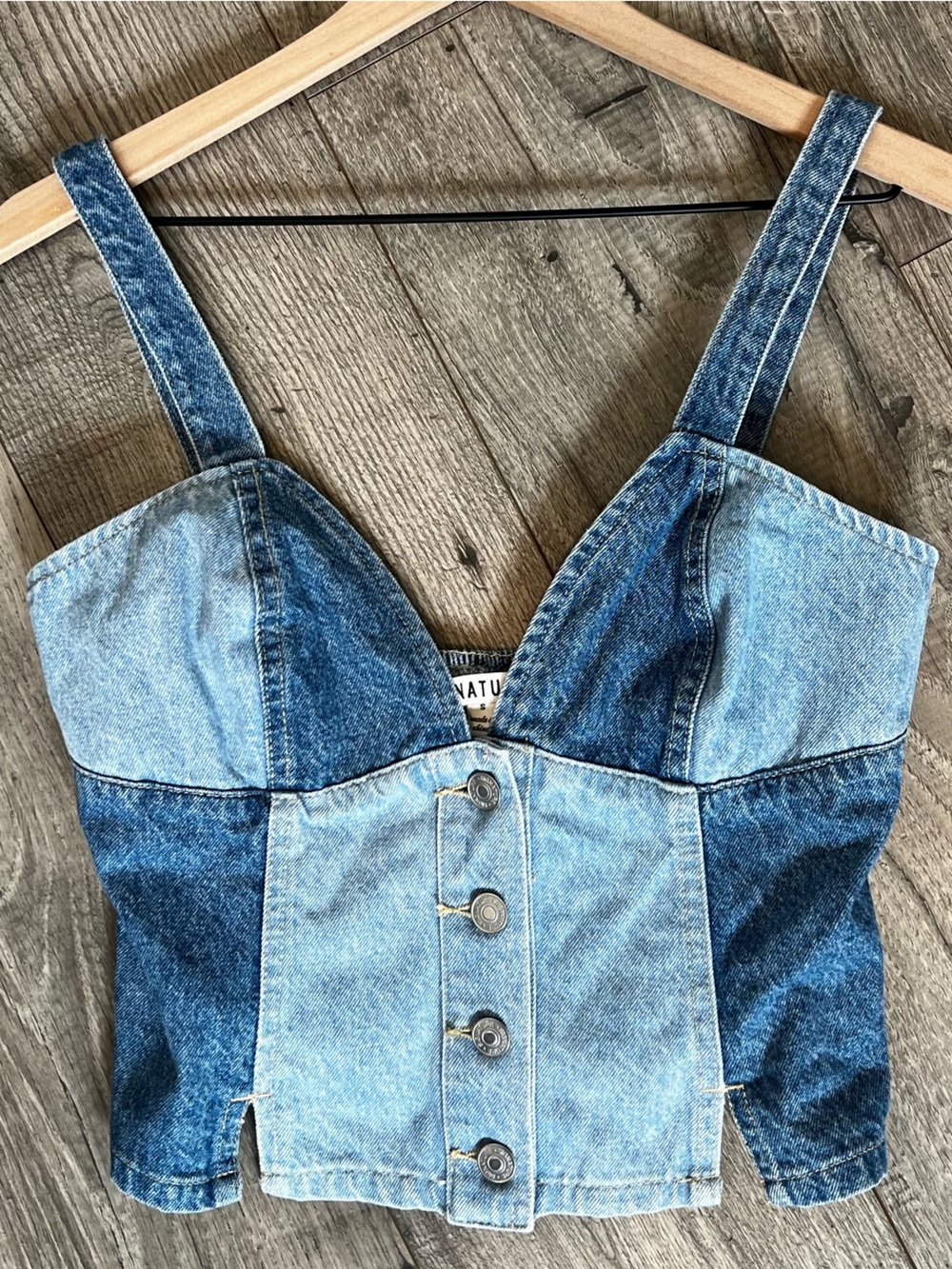 Signature Jean Denim Patch Work Dark and Light Wash Button Top- Size S
